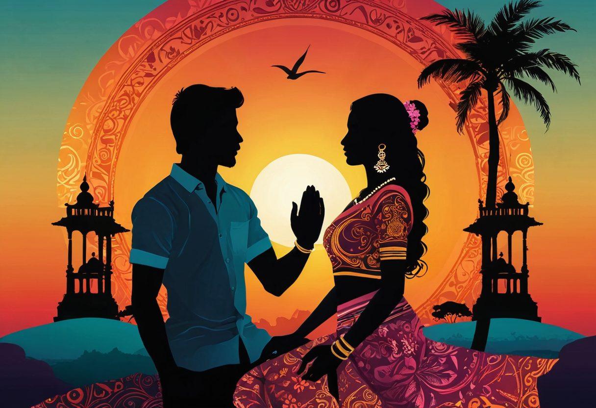 A vibrant collage illustrating the essence of Tamil culture and sexuality, featuring traditional motifs intertwined with modern symbols of love and intimacy. Include romantic silhouettes against a sunset backdrop, a fusion of poetic texts in Tamil script, and elements representing healthy relationships like communication and trust. The colors should be warm and inviting, creating an atmosphere of openness and exploration. surrealistic. vibrant colors. cultural elements.