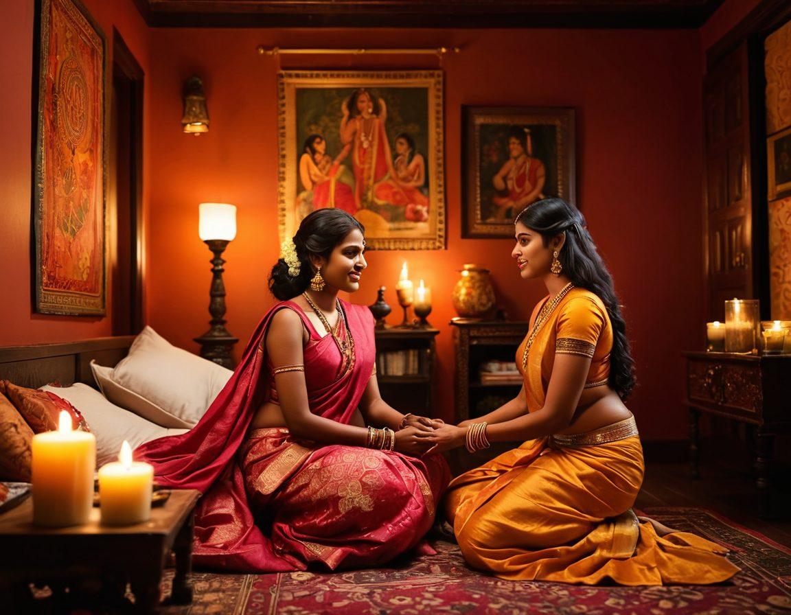 A captivating scene showcasing the vibrant cultural richness of Tamil sensuality, featuring a warm, intimate setting with intricate traditional motifs and textiles in the background. Diverse individuals engaged in open conversations, sharing knowledge about intimacy and sexual education, accentuated by soft lighting to create a cozy atmosphere. Incorporate elements of traditional Tamil art and symbols of love and connection, including flowers and candles. super-realistic. vibrant colors. rich textures.
