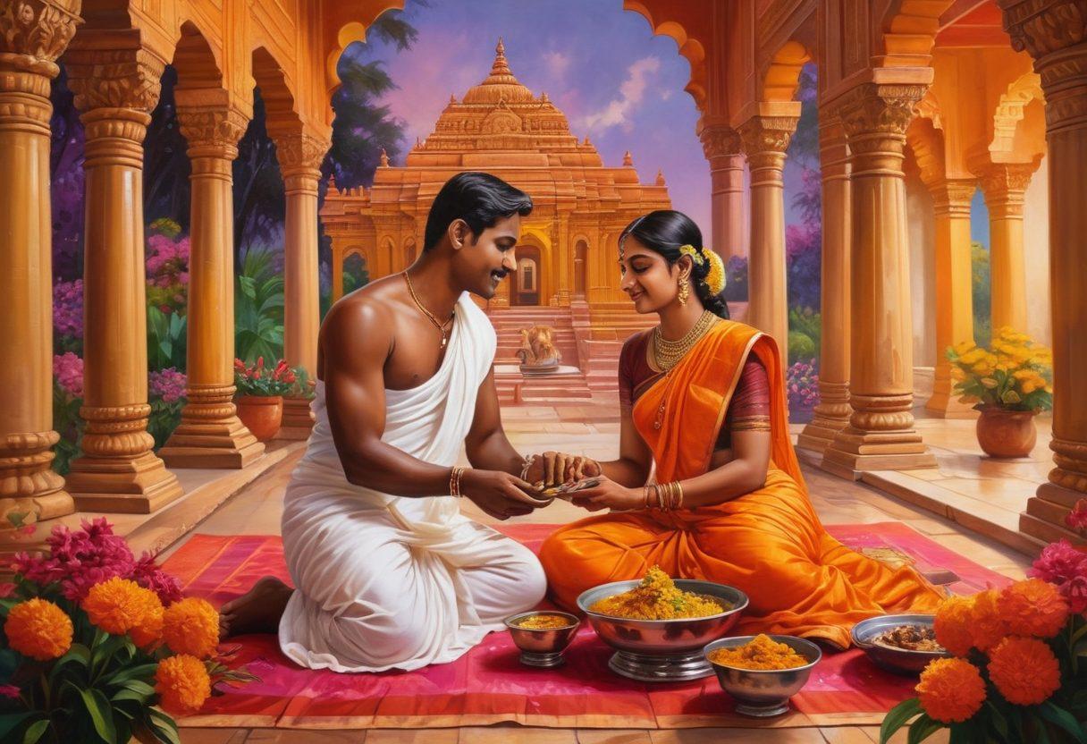 An artistic representation of Tamil culture, featuring a traditional couple engaged in a serene moment sharing a cultural meal, surrounded by vibrant flowers and intricate temple architecture, symbolizing intimacy and wellness. Soft, warm lighting enhances the romantic atmosphere, while elements of Tamil heritage are subtly woven into the background. painting. vibrant colors.